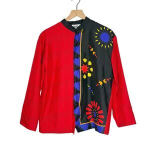 Vintage 90s Chico’s 100% Silk Oriental Blouse Red Black Colorblock Size Small